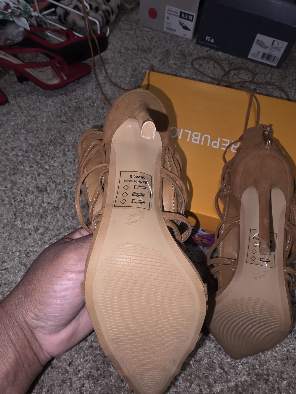 Shoe Republic LA Women's Tan Lace-Up Pointed Toe Heels